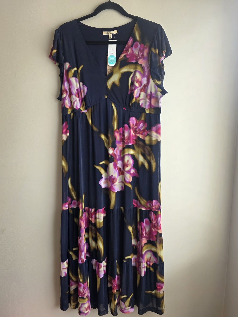 NWT Les Serein Navy Pink Floral Mesh Flutter Sleeve Maxi Dress XL - Picture 3 of 7